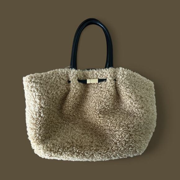 $128! By Anthropologie Belted Sherpa Tote Bag In Tan Sample - Picture 1 of 7
